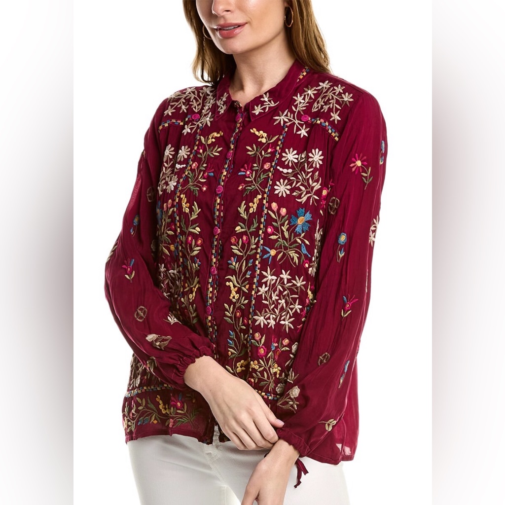 New Nwt Johnny Was “Bethan” Embroidered Top, Bracelet Length Sleeves In Red Wine